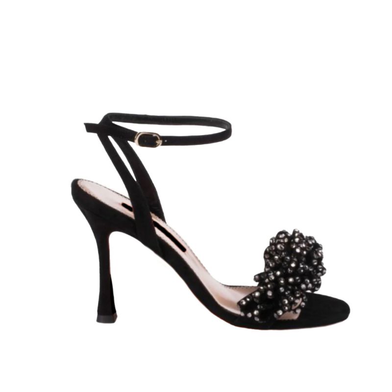 Black high-heeled sandals with a decorative element on the front. Art. 2110